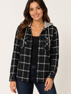 Amnesia Black & White Plaid Hooded Shirt – Size Small
